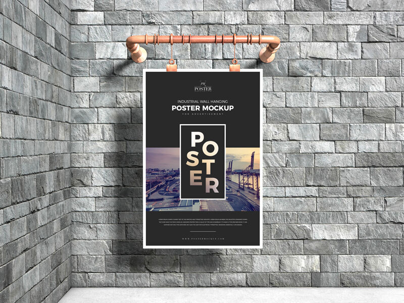 Mockup Displaying Poster Hanged Over Stone Brick Wall in Indoor Setting ...