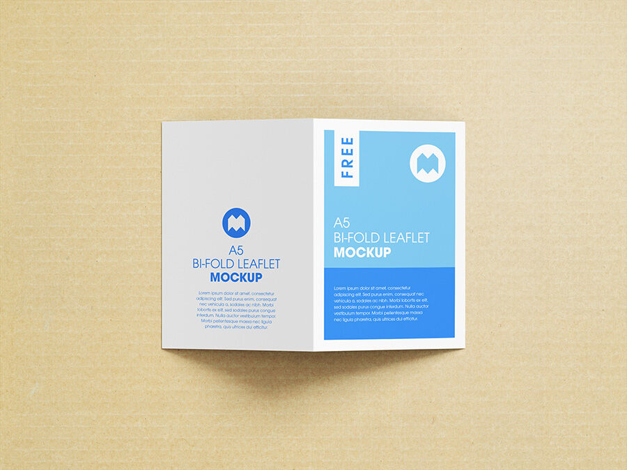 Mockup Featuring Eight shots of a A5 Bi-Fold Leaflet FREE PSD