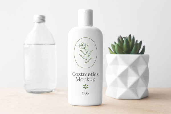 Mockup Featuring Front View of Cosmetic Bottle with Vase FREE PSD