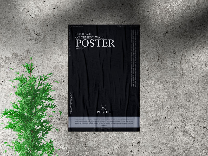 Mockup Featuring Paper Poster Glued on Cement Wall Decorated with Plant and Overlaid Shadow FREE PSD