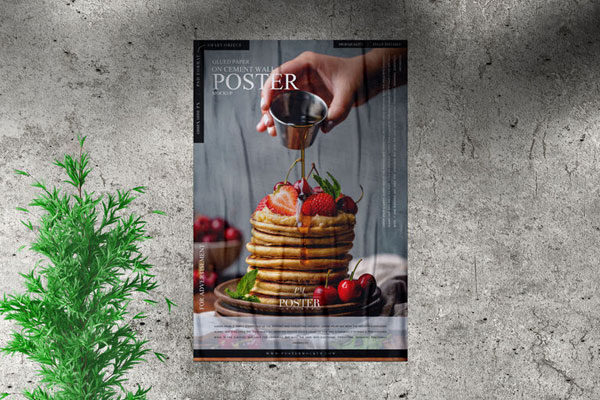 Mockup Featuring Paper Poster Glued on Cement Wall Decorated with Plant and Overlaid Shadow FREE PSD