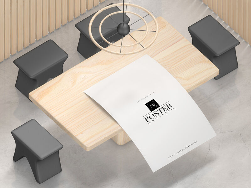 Mockup Featuring Top View of Floating Poster on Table in Interior Secene FREE PSD