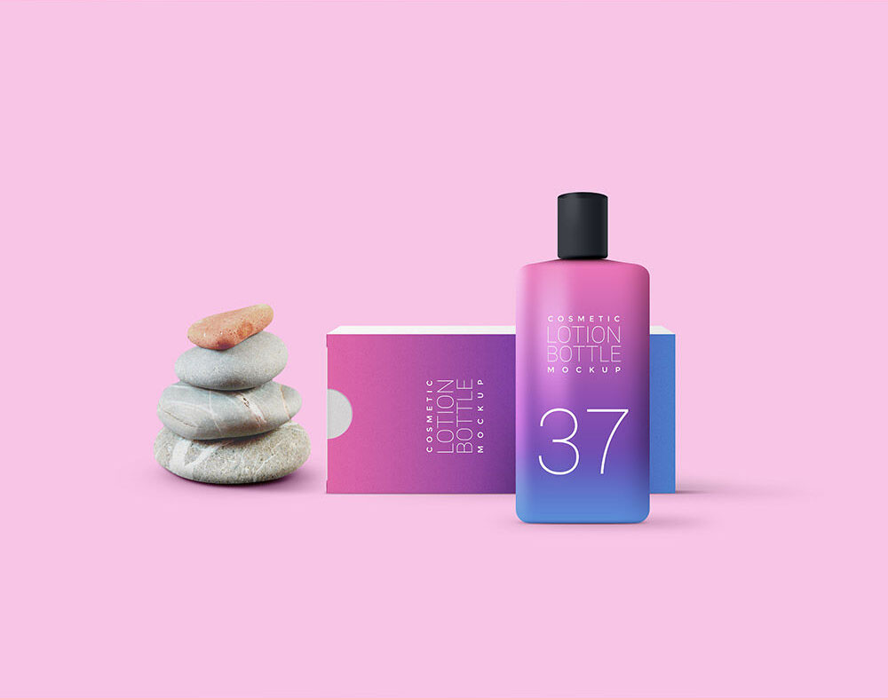 Mockup of a Cosmetic Lotion Bottle in front of Its Box FREE PSD