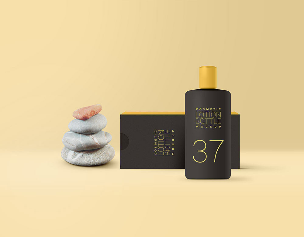 Mockup of a Cosmetic Lotion Bottle in front of Its Box FREE PSD
