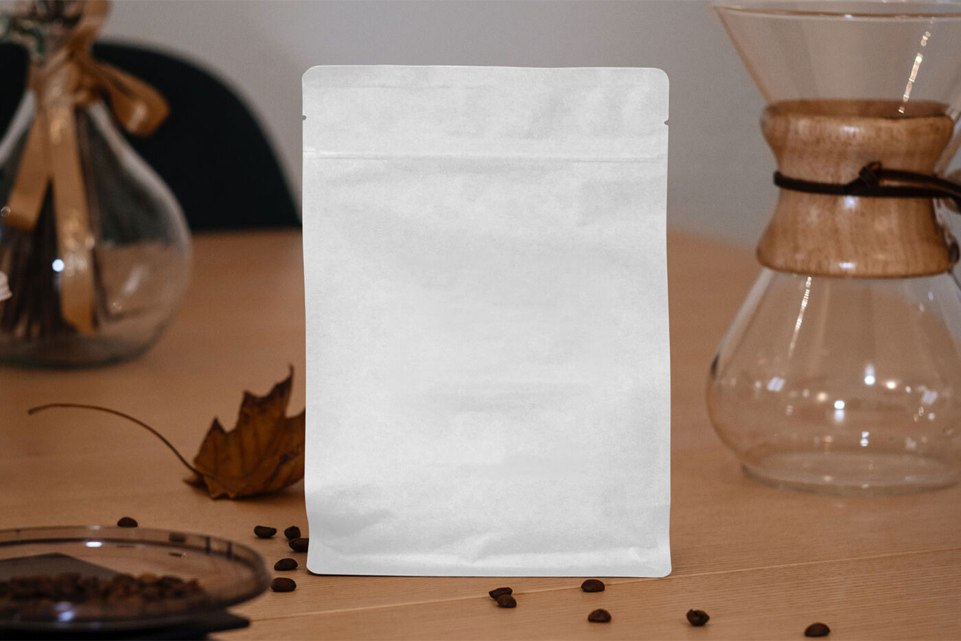 Mockup of a Small Coffee Bag on a Wooden Table FREE PSD