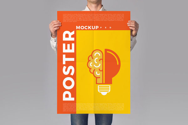Mockup Presenting a Man Holding a Light Bulb Symbol Poster FREE PSD