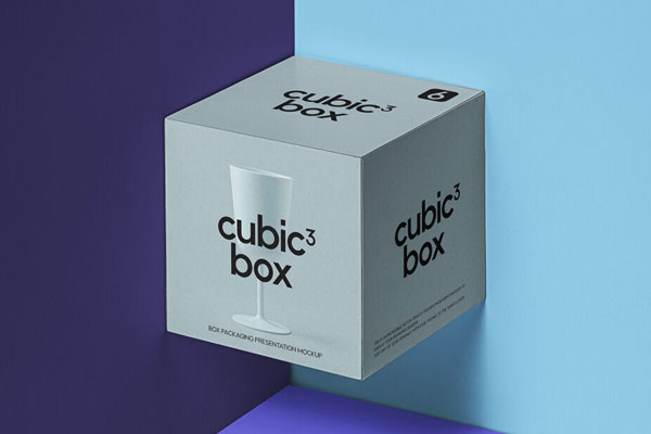 Mockup Showcasing Cubic Box Packaging Floating at the Corner of Wall FREE PSD