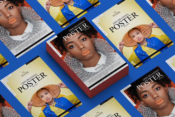 Mockup Showing a 3D Poster Surrounded by a Grid of Paper Posters FREE PSD