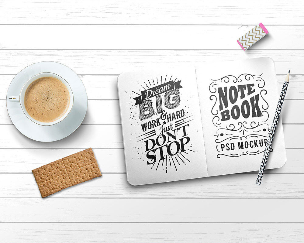 Mockup Showing a Top view of a Simple Sketchbook FREE PSD