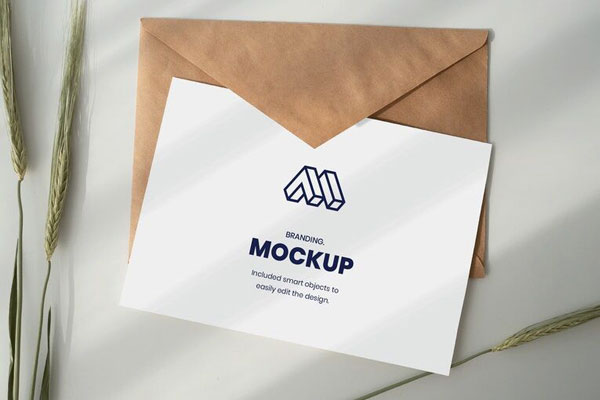 Mockup Showing Paper on an Envelope beside Wheat Plant FREE PSD