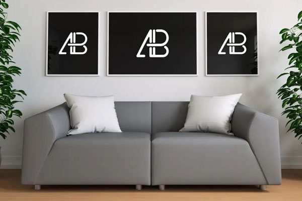 Mockup Showing Three Posters in Living Room above a Sofa FREE PSD