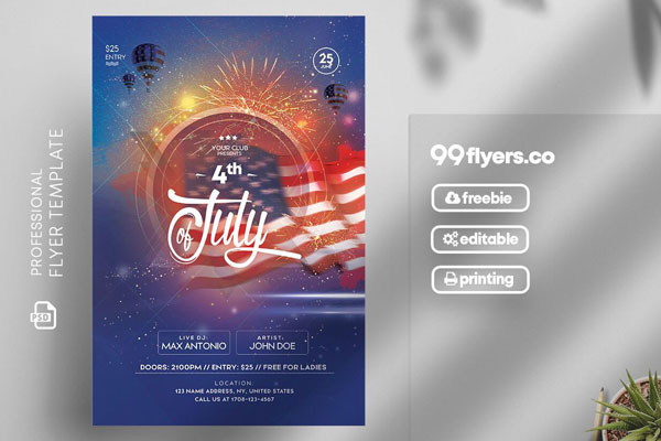 Modern 4th Of July Party Flyer Template in a Blue Theme FREE PSD