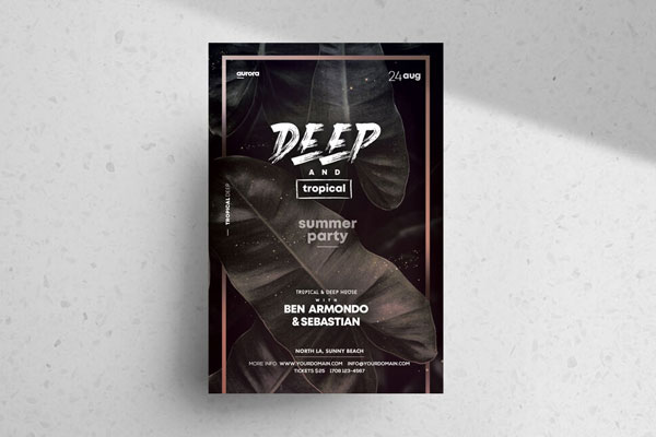 Modern Minimalist Black Summer and Tropical Party Flyer FREE PSD