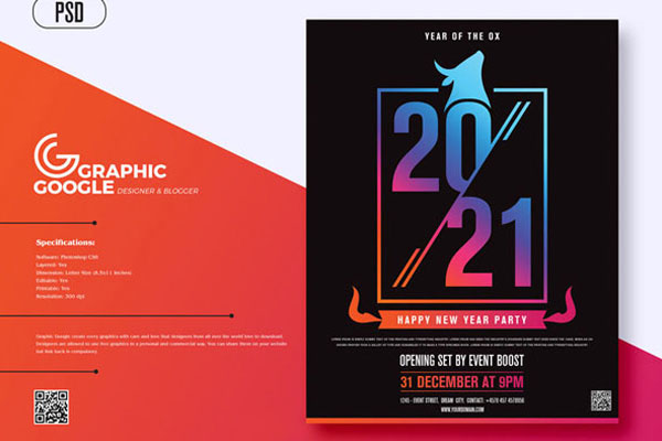 Modern New Year Flyer Template with Dark Design FREE PSD