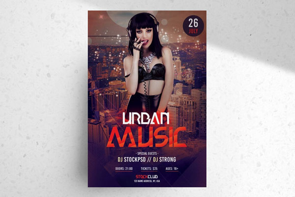 Musical Nightclub Flyer Template Featuring City View Buildings Background FREE PSD