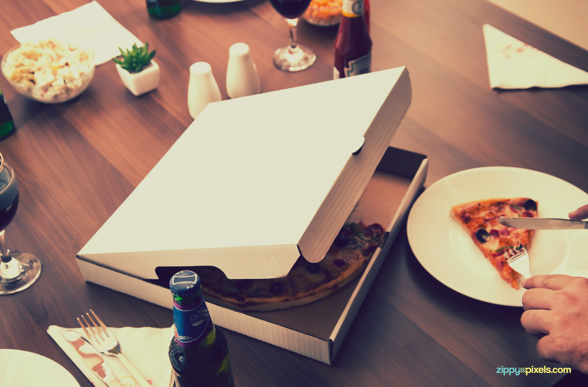Open Pizza box Mockup on Arranged Table FREE PSD