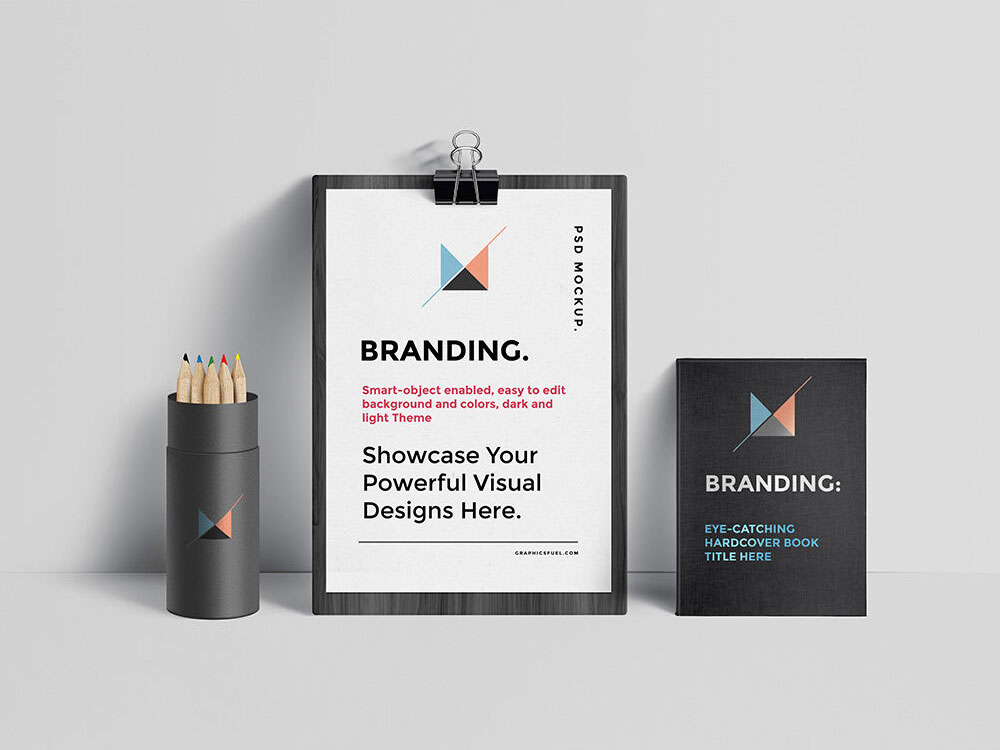 Paper on Clipboard, Poster and Bottle Filled with Pencils Mockup FREE PSD
