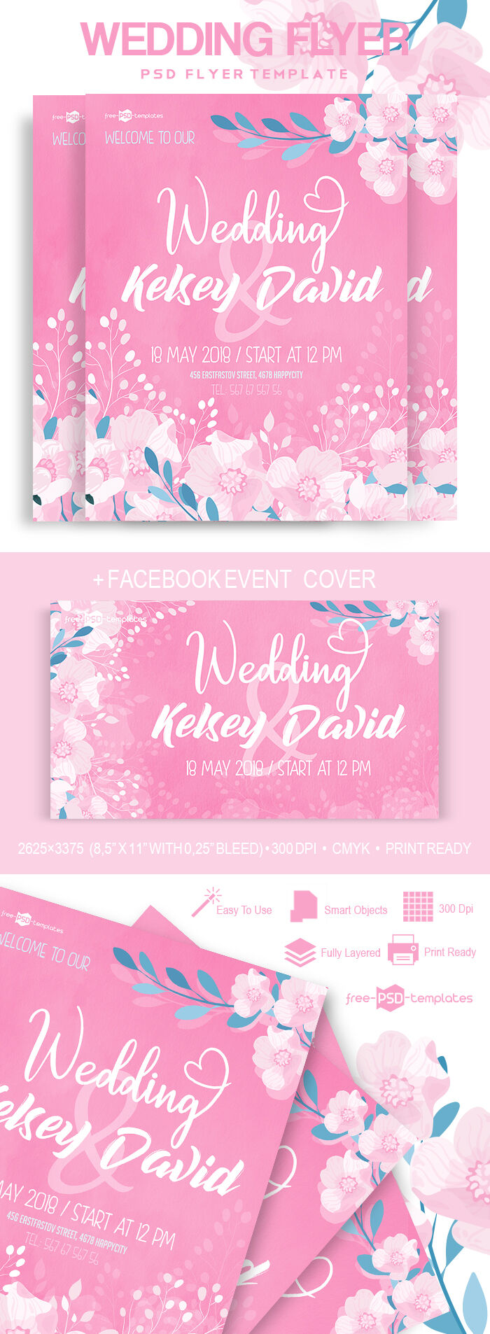 Pink Floral Wedding Flyer and Facebook Cover Templates (FREE ...