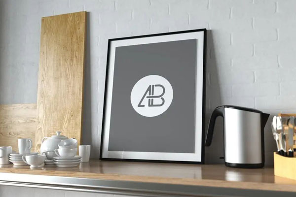 Poster on a Kitchen Wooden Shelf Mockup FREE PSD