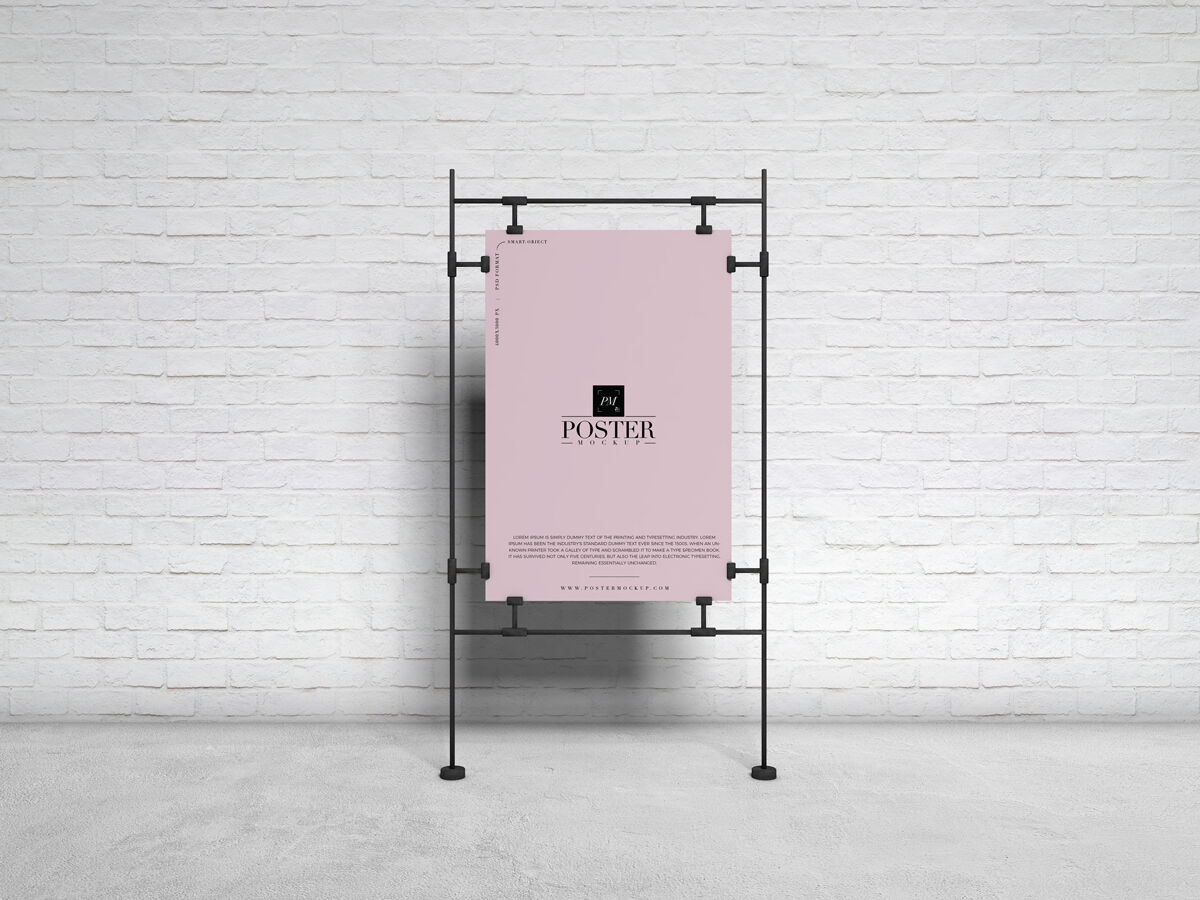 Poster on Sandwiched Clasps in front of Brick Wall Mockup FREE PSD
