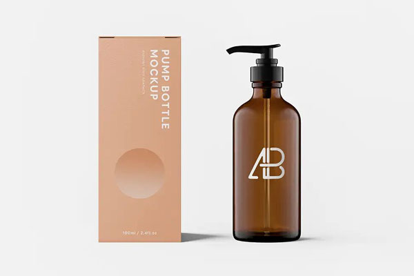 Pump Amber Bottle and Packaging Box Mockup FREE PSD
