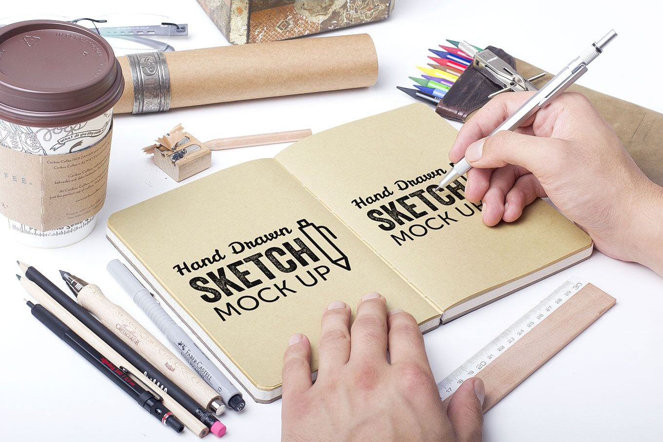 Realistic Hand Drawn Sketch Mockup in Stationary Spot FREE PSD