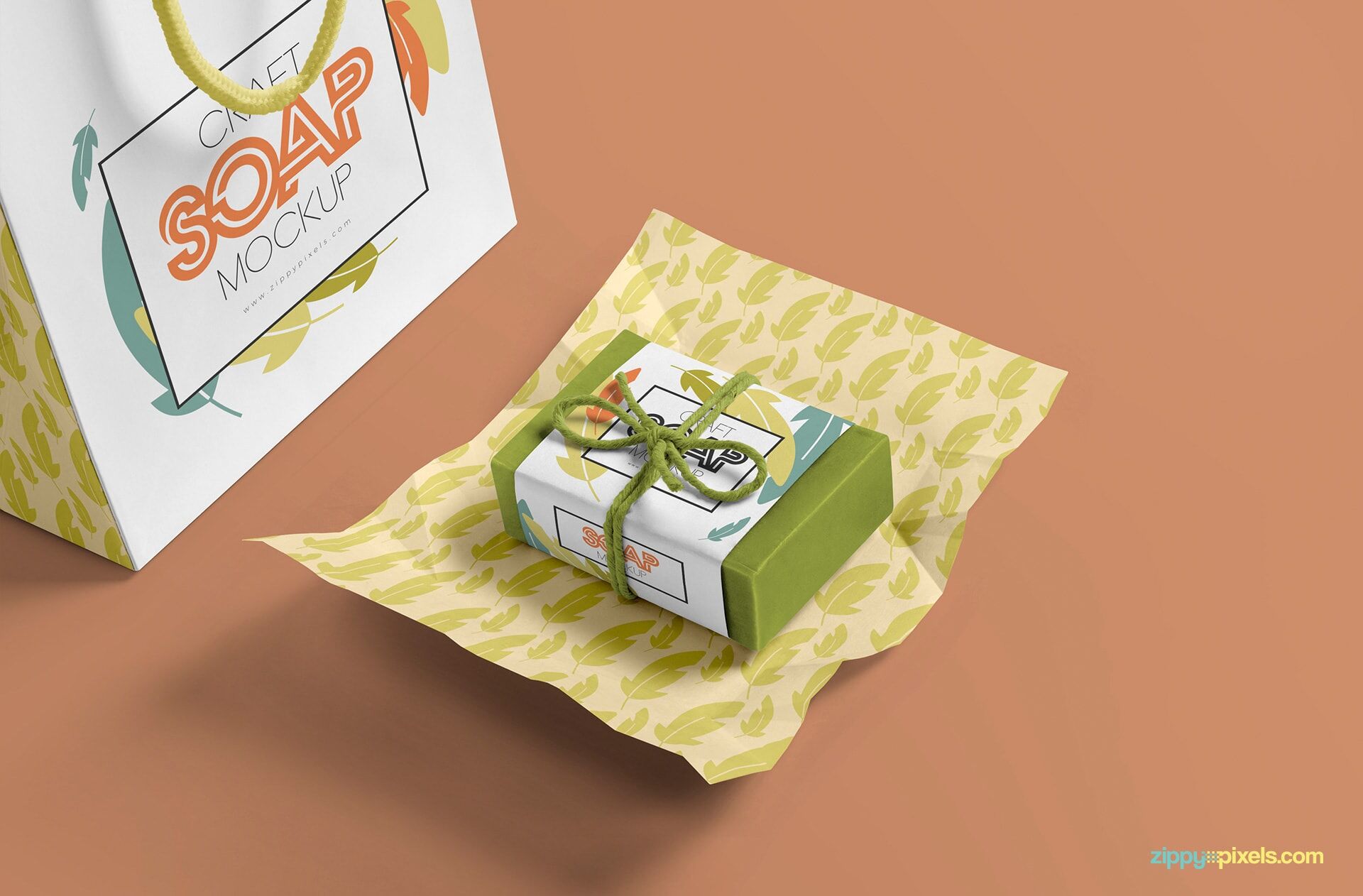 Soap Bar Along with Shopping Bag in Perspective Mockup FREE PSD
