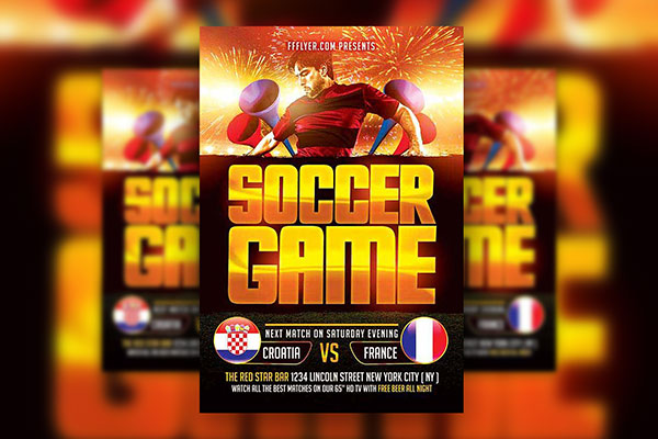 Soccer\ Sports Match Flyer Featuring Stadium and Fireworks in Background FREE PSD