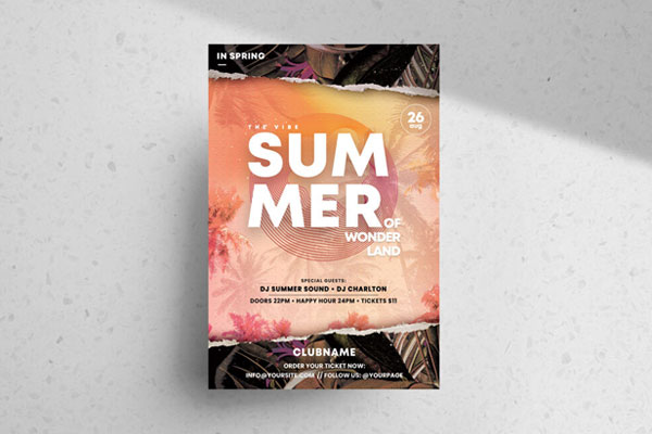 The Summer Time Party Flyer Along with Tropical Leaves FREE PSD