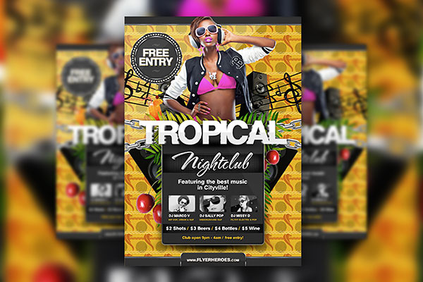 Tropical Club Flyer Template Featuring Melodic Patterns in Yellow Theme FREE PSD