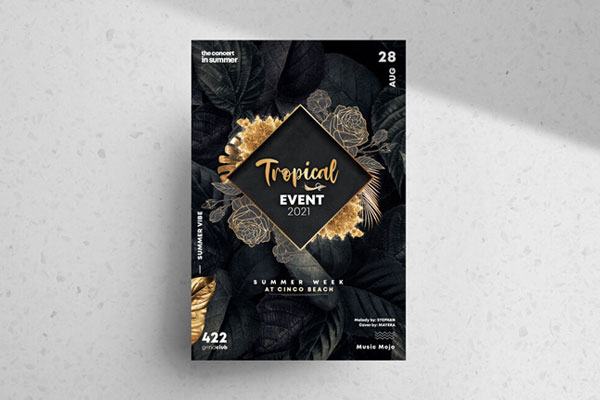 Tropical Flyer Template Featuring Leaves and Golden Flowers FREE PSD
