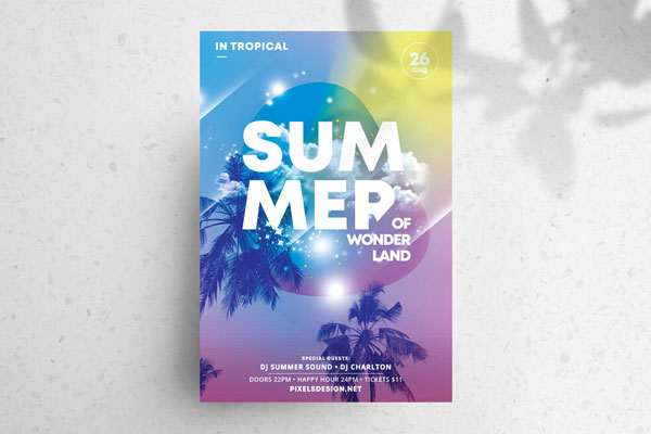 Tropical Summer\ Beach Party Flyer Template in Purple, Blue Theme FREE PSD