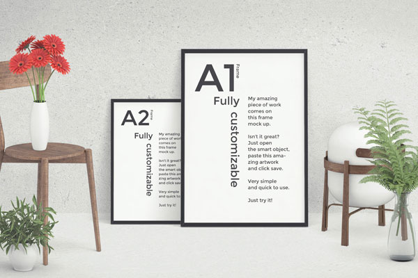Two Different Sizes of Poster Frames in One Scene Mockup FREE PSD