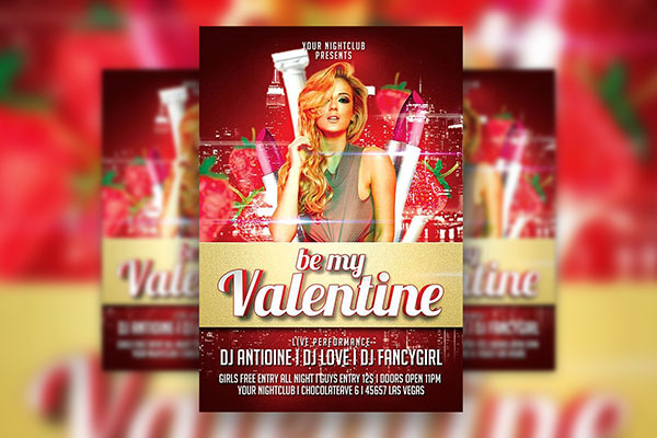 Urban Valentine Flyer Template Featuring Flying Strawberries and Lipsticks FREE PSD