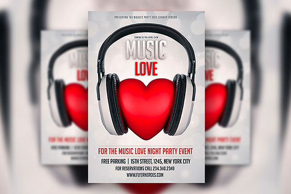Valentine's Day Music, Love Flyer Template Featuring Heart and Headphones FREE PSD