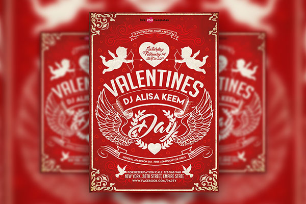 Valentine's Day Party Flyer Red Background FREE PSD