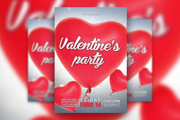 Valentines Day Party Flyer Template Featuring Heart Balloons FREE PSD