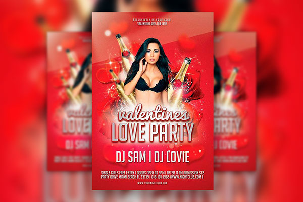 Valentines Love Party Flyer Template with Red Roses and Hearts FREE PSD