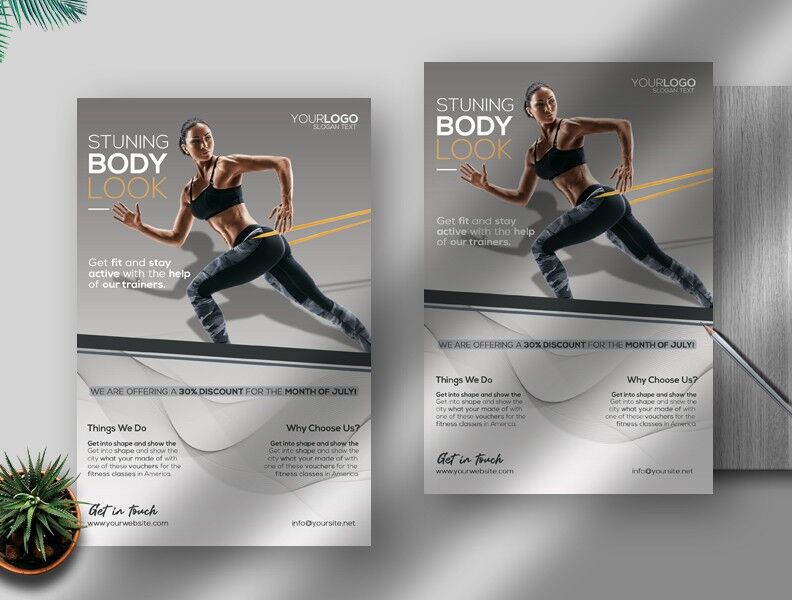 White, Gray Abstract Fitness\ Gym Center Flyer Template FREE PSD