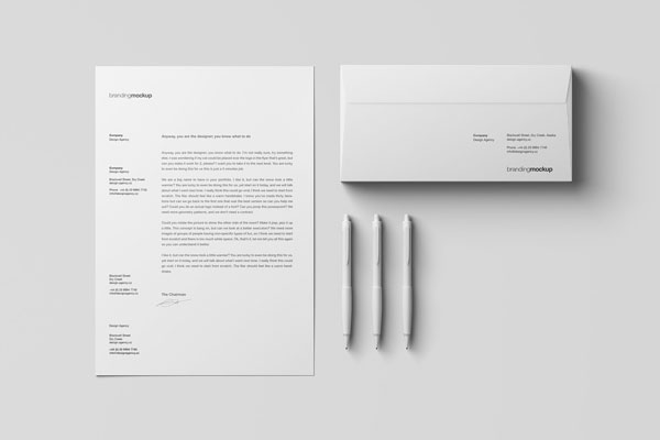 White Letterhead Envelope Branding Mockup With 3 Pens FREE PSD