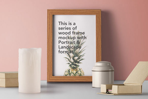 Wooden Frame Mockup With Decorative Candle And Boxes FREE PSD