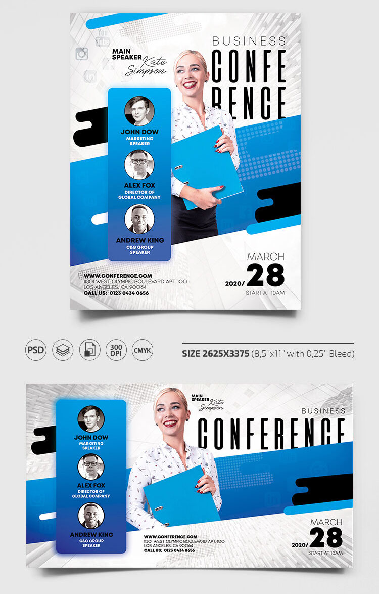 Abstract Blue and white Business Conference Flyer Template FREE PSD