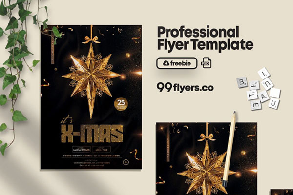 Black, Golden Festive Christmas Party Flyer Template FREE PSD