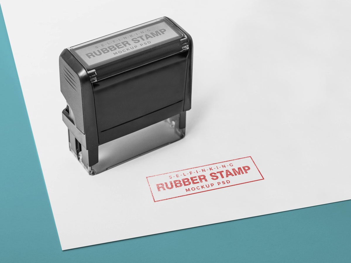 Close Shot of a Self Inking Stamp on paper Mockup FREE PSD
