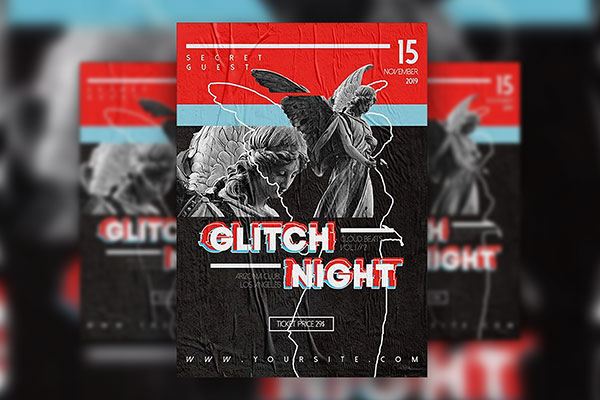 Creative Glitch Night Flyer Template with a Facebook Event Page FREE PSD