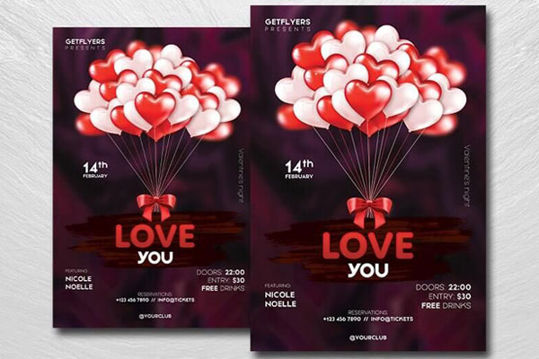 Cute Dark Red Valentine's Day Flyer Template FREE PSD
