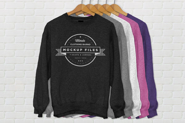 Five Crew Neck Jumpers on Cloth Hangers in a row Mockup FREE PSD