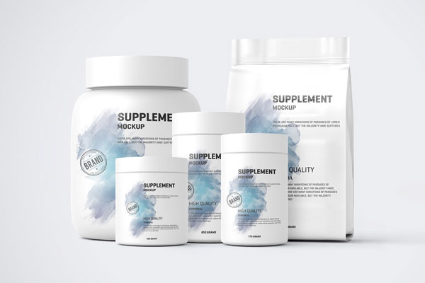 Five Mockups Showcasing Front View of Protein Pack and Jars FREE PSD