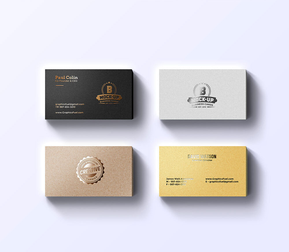 Four Packs of Business Cards with Metal Foil Effect Mockup FREE PSD