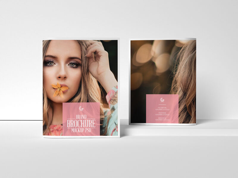 Front and Back Brochure Cover Standing Alongside Mockup FREE PSD